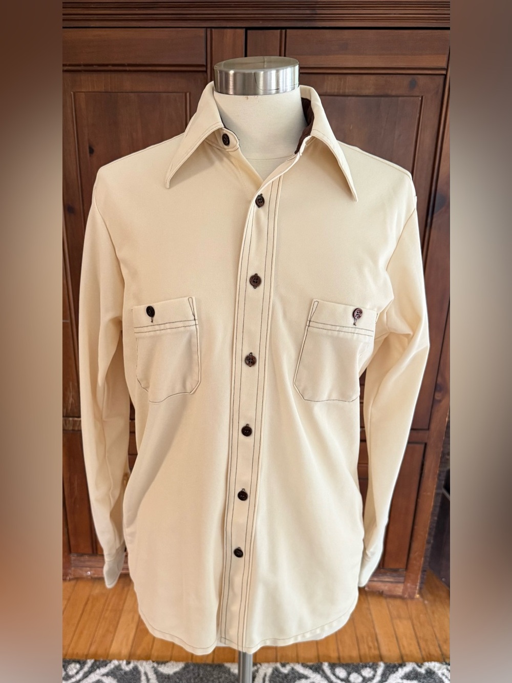 Vintage 70s Arrow Doubler Polyester Dagger Collar Shirt Cream Disco Mens 15.5 33